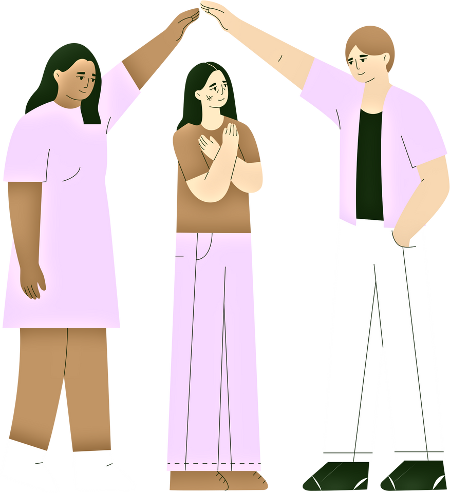 illustration of three people forming the shape of a house with their arms